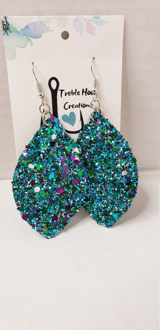 Blue glitter leaf shape earrings